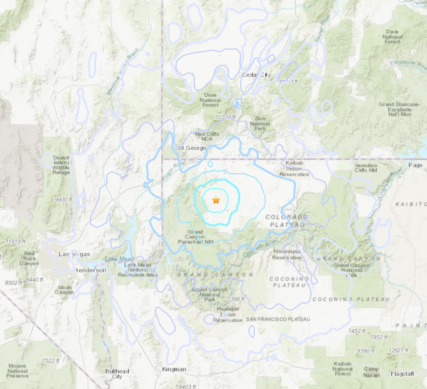 STGnews's tweet photo. BREAKING NEWS: An earthquake with a preliminary magnitude of 4.4 hit east of Littlefield, Arizona -- about 29 miles south of St. George -- at 3:18 p.m.
Stay tuned to St. George News for more information.
Image courtesy of USGS.
#quake #utahquake #stgeorge #southernutah https://t.co/StCgSA7v7M