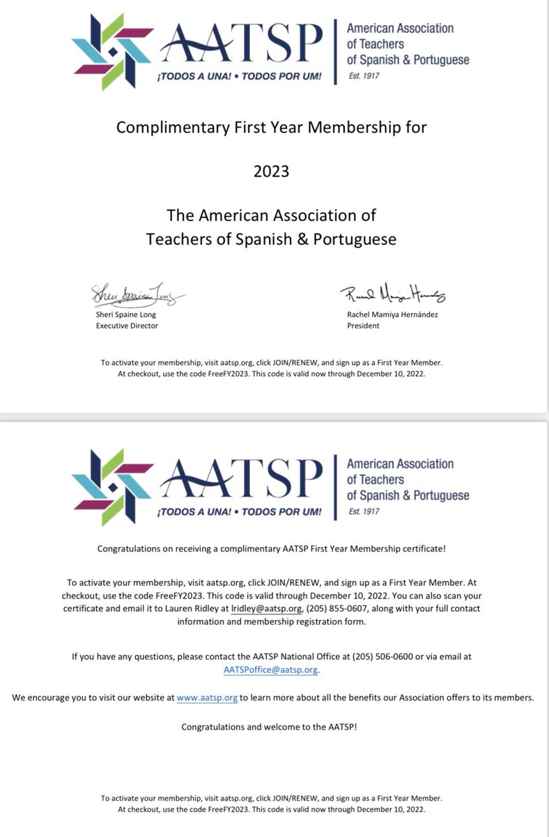 sran_gamauf's tweet photo. FREE AATSP FIRST YEAR MEMBERSHIPS! 

Share w/ Spanish &amp; Portuguese colleagues who’ve never been a member of @AATSPglobal ($45 value!) Show them the certificate &amp; free code, good for the rest of 2022 &amp; all of 2023. 

To redeem: visit our website, click JOIN, use code FreeFY2023. https://t.co/3SuuBDeDjz