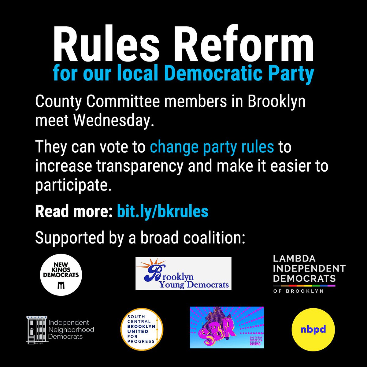 newkingsdems's tweet photo. This Wednesday, County Committee members will vote on changes to the Brooklyn Democratic Party rules that will make it easier for regular Brooklynites to have a voice in our party. We’ll summarize in this 🧵, or you can read the full proposal here: https://t.co/XxTXSuv50t https://t.co/VhfUPVhRqk