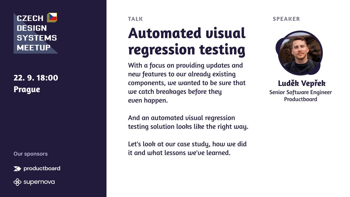 designsystemycz's tweet photo. Tomorrow, @ludekveprek from @productboardENG will share a case study about how they automatically catch visual breaking changes in their design systems components 🤖

RSVP 👉 https://t.co/EsnGFFHBbH https://t.co/8OlcGG7SIr