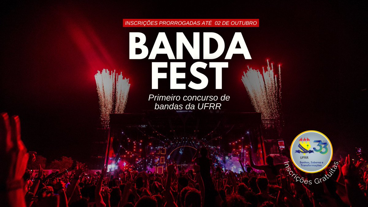 UFRROficial's tweet photo. Gente, foram prorrogadas até o dia 02 de outubro as inscrições para o BandaFest.
Acesse: https://t.co/nj1f2hzapt
#UFRR2022 #BANDAFEST #ConcursodeBandas https://t.co/QwRz7vfI12