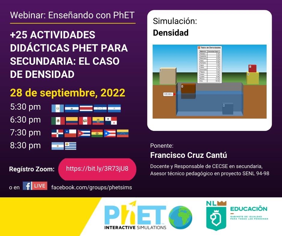Webinar de enseñando con PhET! Ahora le toco el turno a Física para nivel Secundaría, con seguramente el autor en español, con más actividades publicadas en el sitio web de PhET. Los esperamos!! 
Registros en zoom:  bit.ly/3R73jU8
En Facebook: facebook.com/groups/phetsims