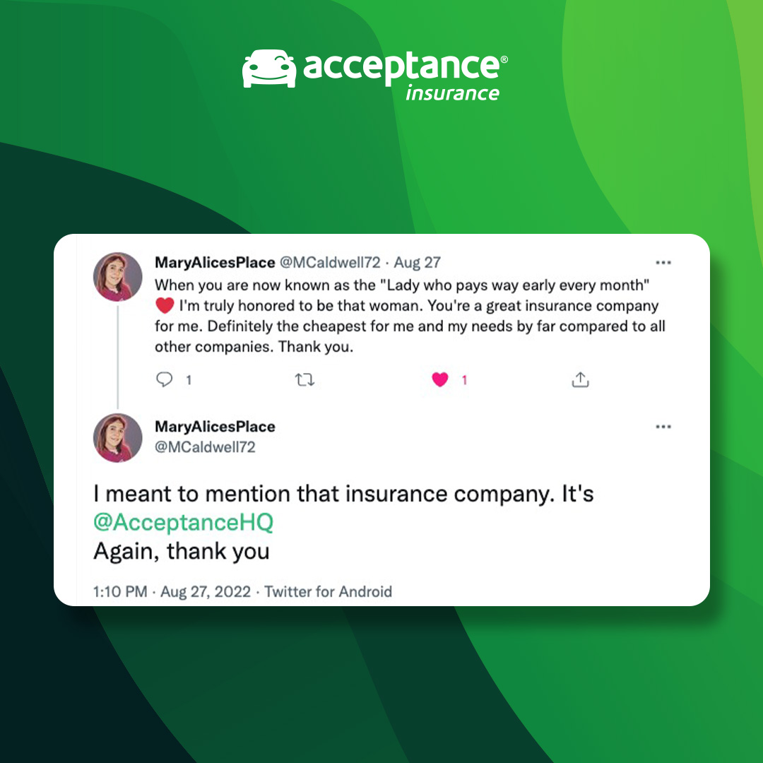 AcceptanceHQ's tweet photo. ⭐⭐⭐⭐⭐
When you choose #AcceptanceInsurance, be prepared for 5-star service all day every day! Thank you for the glowing review, Mary!
👉 At Acceptance, we take care of each other. Make the switch today. #WeShopForYou #AcceptanceForAll ➡️ https://t.co/hzfXgftwwI https://t.co/lOogkJ4mn8
