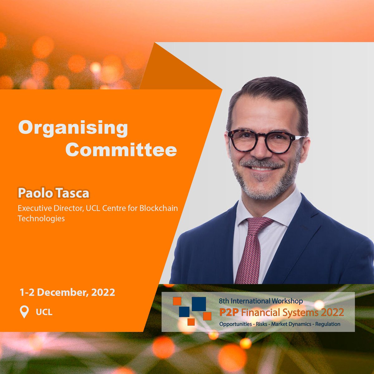 UKCBT_org's tweet photo. We are proud to introduce the Workshop Chairman for #P2PFISY 2022: @PaoloTasca.
Submit your abstracts &amp; papers at https://t.co/EEmoUuKpPV and get your tickets at https://t.co/OrwY5MB4gK https://t.co/jYM43azH0X