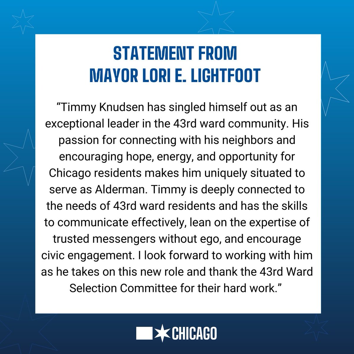 Ryan_Johnson's tweet photo. NEW: @chicagosmayor announced that Timmy Knudsen will serve as the new Alderman representing Chicago’s 43rd ward.

Knudsen’s selection comes at the conclusion of a selection process led by trusted community members of the 43rd ward. https://t.co/EFSf9Ek8tB