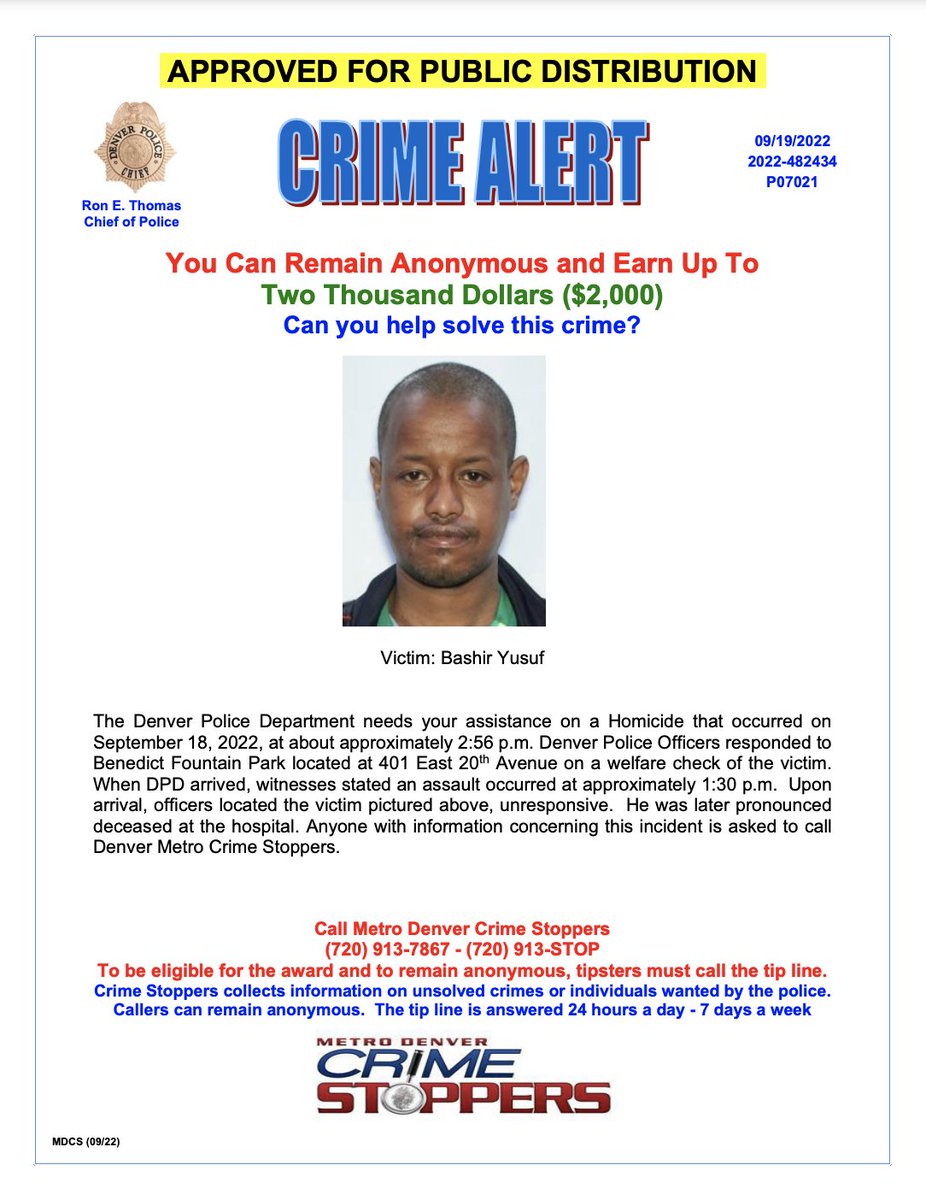 #Denver, do you know who killed Bashir Yusuf? If you have any information regarding this homicide case, please call <a href="/CrimeStoppersCO/">MetroDenverCrimeStoppers</a> at 720-913-7867 -- you can remain anonymous and earn a cash reward!