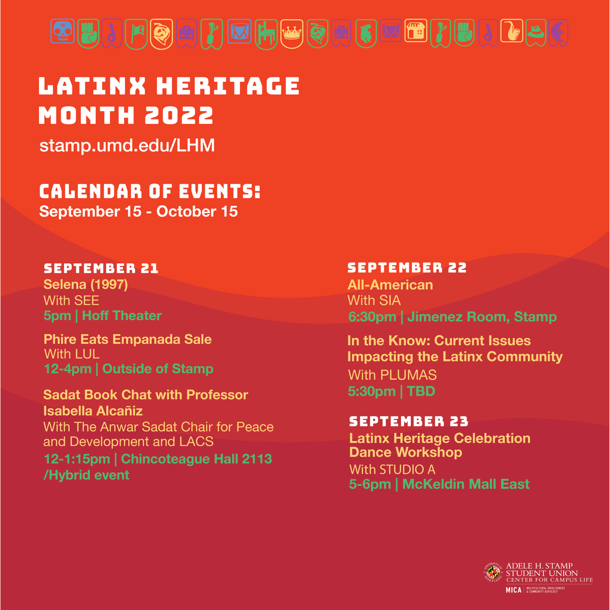 SEE_UMD's tweet photo. In celebration of Latinx Heritage Month, we are teaming up with UMD's MICA for a special 25th anniversary screening of the classic film Selena (1997)! Swipe to see other events happening this week as part of the LHM celebration. #UniversityOfMaryland #SEEUMD #ThisIsSEE https://t.co/utQpuU40q0