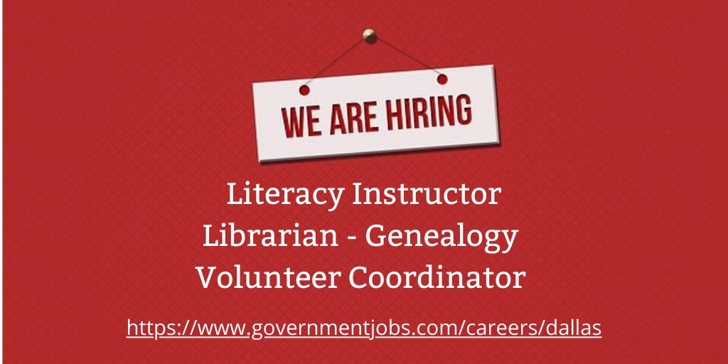 dallaslibrary's tweet photo. Dallas Public Library is looking for a Literacy Instructor. Position closes 11:59 PM on Monday, 10/3. There's still time to apply for our Genealogy Librarian and Volunteer Coordinator positions. They close Weds. 9/28. https://t.co/90MVKhs4Li https://t.co/hNrpj3g1CZ