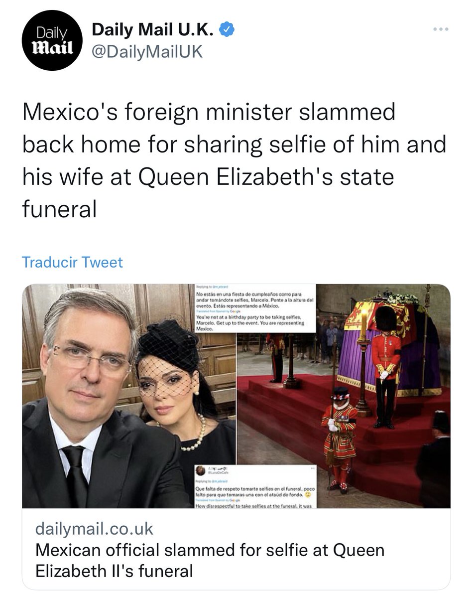 gfrias's tweet photo. Ya tuvo repercusión internacional la selfie del canciller mexicano en el funeral de la reina Isabel II. Se supone que lo suyo es la diplomacia... https://t.co/qCoS1IePS6