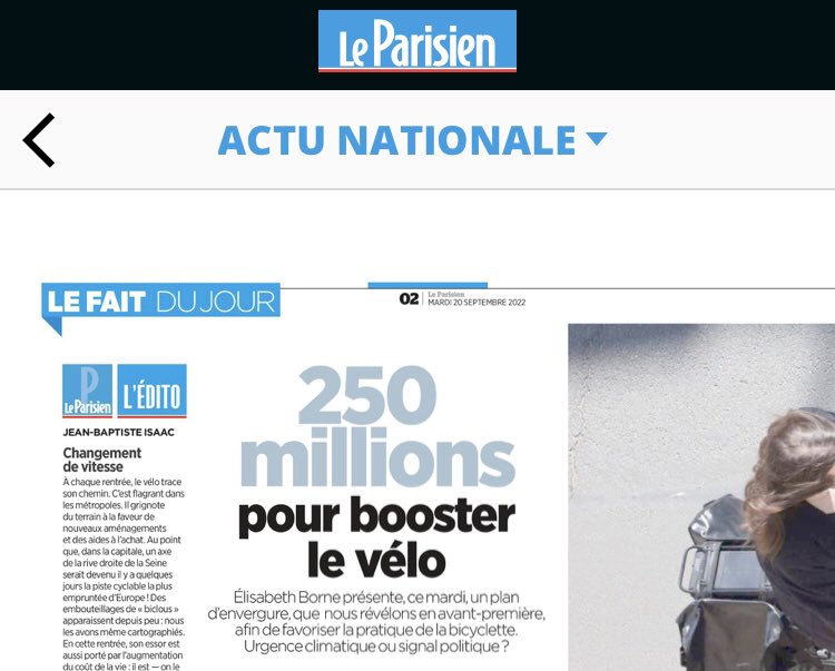 mybiketowork's tweet photo. La une @le_Parisien de ce mardi 20/09. Puis en 2ème page l’annonce d’@Elisabeth_Borne 250Millions d’€ pour le vélo en 2023.
Ils sont forts dans ce canard, ils ont l’info en exclusivité. https://t.co/L3ISyB5Bte