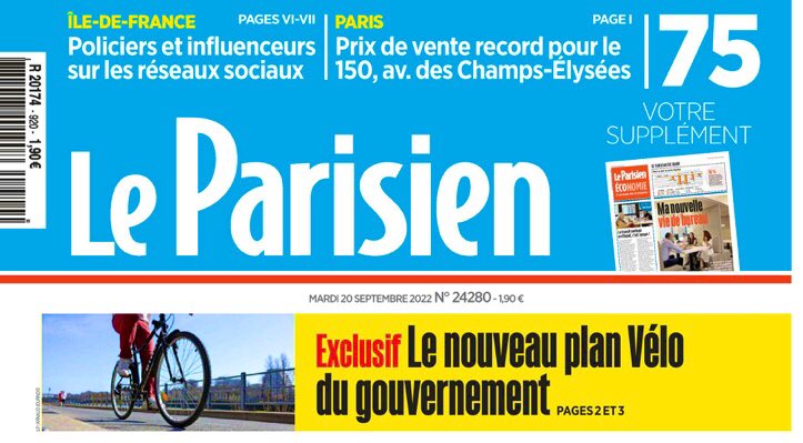 mybiketowork's tweet photo. La une @le_Parisien de ce mardi 20/09. Puis en 2ème page l’annonce d’@Elisabeth_Borne 250Millions d’€ pour le vélo en 2023.
Ils sont forts dans ce canard, ils ont l’info en exclusivité. https://t.co/L3ISyB5Bte