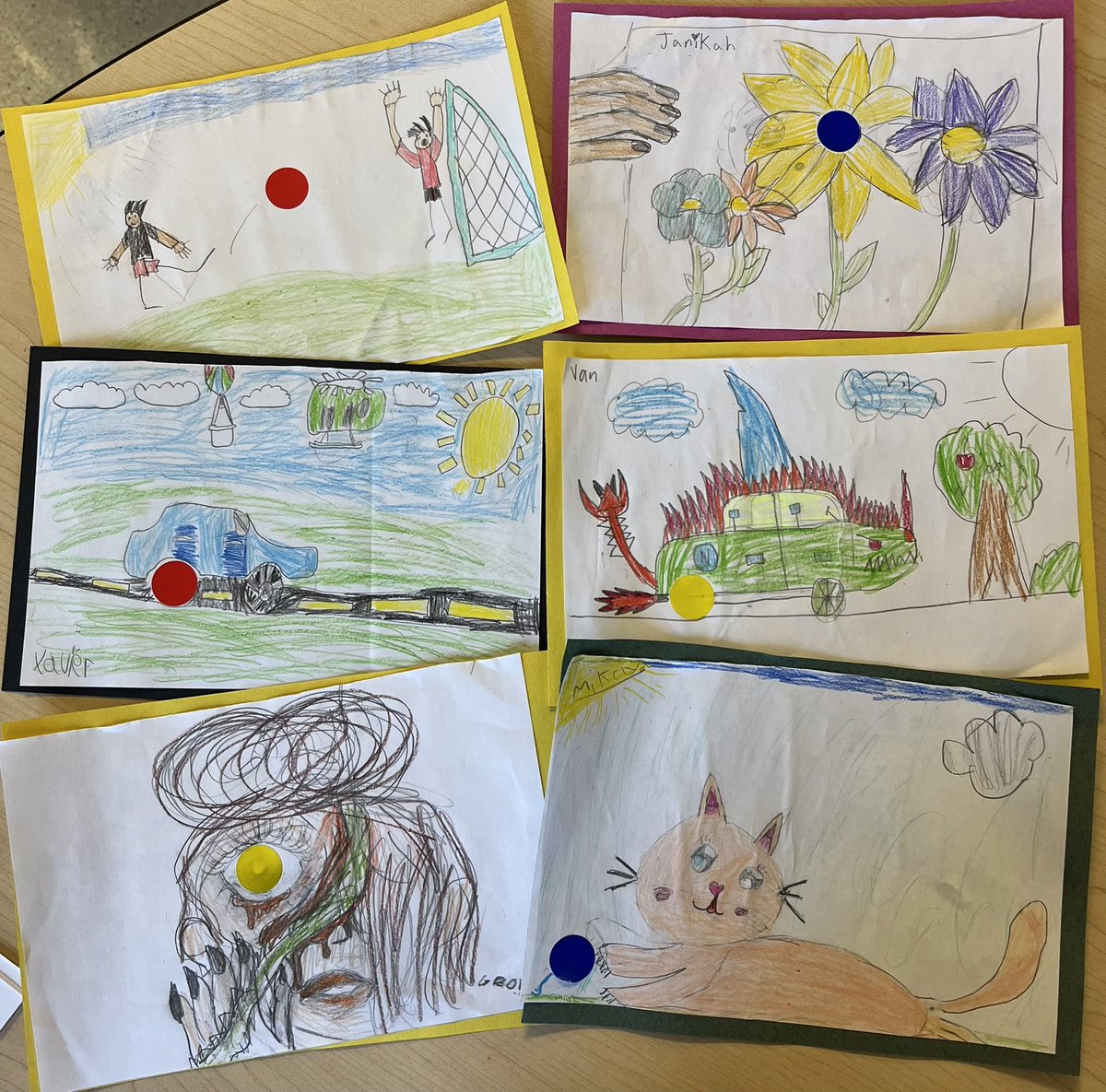 CarolynFluter's tweet photo. Better late than never. Here are a few of our #dotday drawings! #leaveyourmark #grade3and4 #InternationalDotDay @DeshayeCatholic https://t.co/r8rzt5NNf2