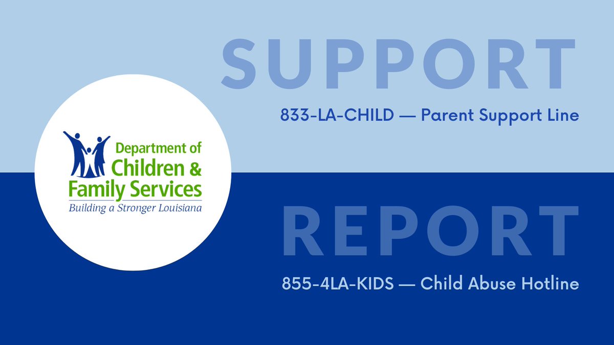 LouisianaDCFS's tweet photo. #SupportReport
@VIALINK211 Louisiana Parent Line offers emotional support for parents. 833-LA-CHILD (833-522-4453)
#ChildAbuse Hotline allows citizens to report abuse and neglect. All calls are confidential. 1-888-4LA-KIDS (1-855-452-5437).
Details at https://t.co/lfgLpogN7N. https://t.co/LUp1Hsxyut