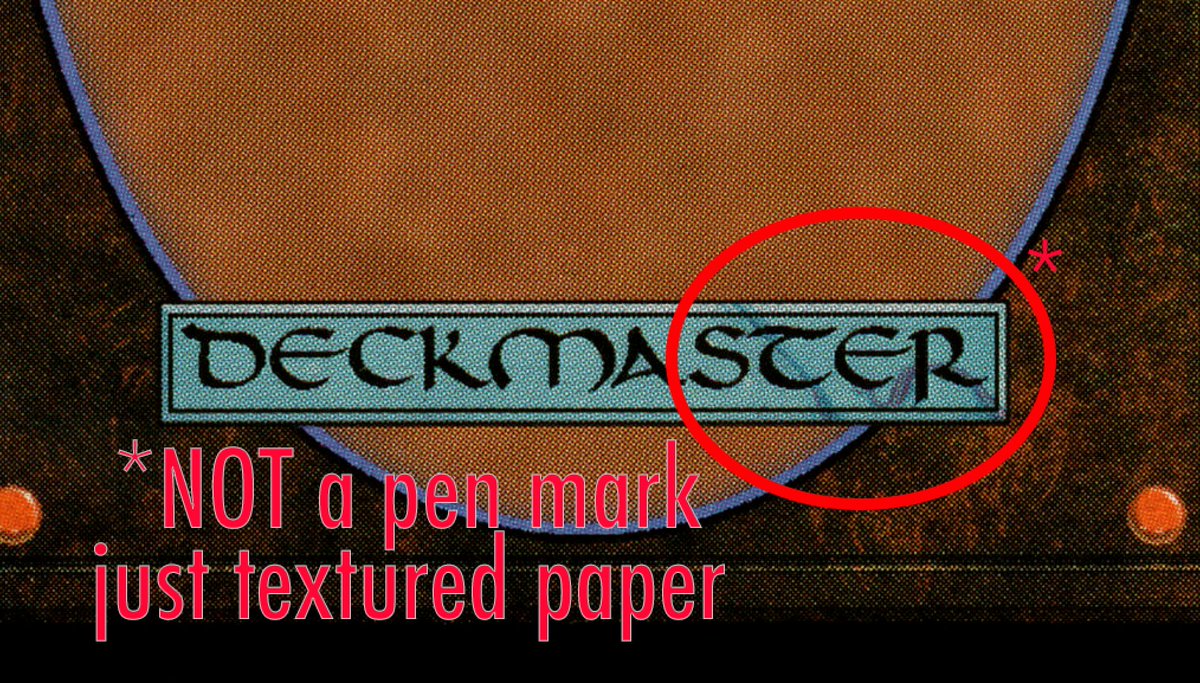 A long-time MAGIC myth has been busted! For years, it's been believed there  is a accidental "pen mark" on the cardback in the "DeckMaster" box.  Recently on a livestream I asked Magic's