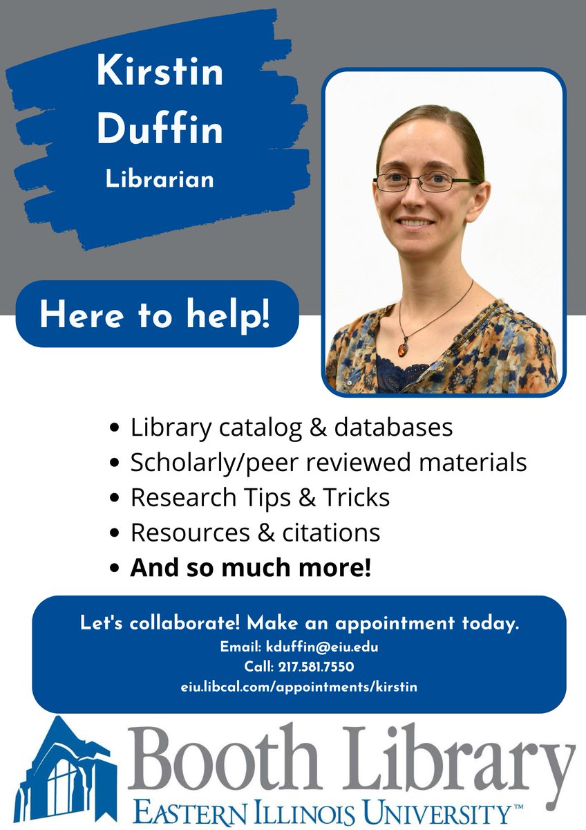 Booth Library, EIU (@boothlibrary) on Twitter photo Our librarians are here to help! Are you studying Biological Sciences, Chemistry, Communication Disorders/Sciences, Geography/Geology, Math/Computer Science or Physics? Then Kirstin is YOUR personal librarian! Get in touch today! <a href="/eiu/">#EIU</a> <a href="/EIU_Biology/">EIUBioDept</a> <a href="/eiubiosci/">EIU Bio Sciences</a> <a href="/fdic_eiu/">Faculty Development and Innovation Center @ EIU</a> <a href="/EIUchem/">EIU Chemistry</a> Our librarians are here to help! Are you studying Biological Sciences, Chemistry, Communication Disorders/Sciences, Geography/Geology, Math/Computer Science or Physics? Then Kirstin is YOUR personal librarian! Get in touch today! <a href="/eiu/">#EIU</a> <a href="/EIU_Biology/">EIUBioDept</a> <a href="/eiubiosci/">EIU Bio Sciences</a> <a href="/fdic_eiu/">Faculty Development and Innovation Center @ EIU</a> <a href="/EIUchem/">EIU Chemistry</a>