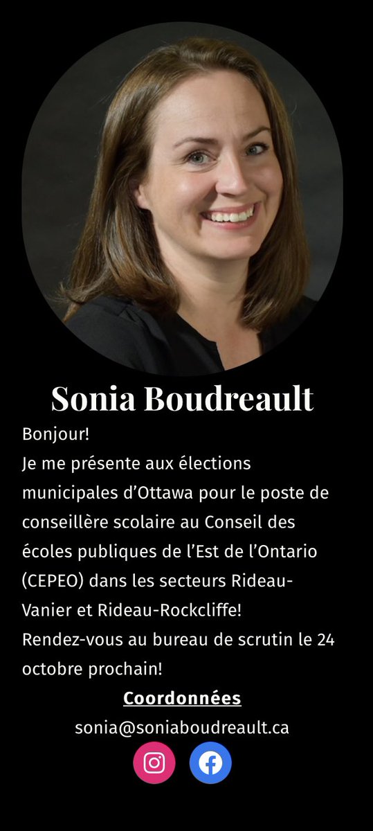 Guy_Theriault's tweet photo. Un petit rappel! Just a little reminder! Pour le secteur Rideau-Vanier et Rideau-Rockcliffe pour le poste de conseillère scolaire pour le @MonCepeo #CEPEO votez pour Sonia Boudreault le 24 octobre 🗳 #Ottawa #Élections #MonOttawa #MonCEPEO #Éducation https://t.co/cuicZICOxH
