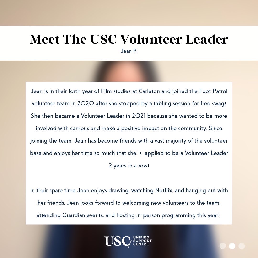 usc_cusa's tweet photo. Meet Jean! 🎉

Jean is one of the USC’s three Volunteer Leaders who we will be introducing over the next few days. Click through to learn more about Jean and how to volunteer with us! https://t.co/zATBiA72gp