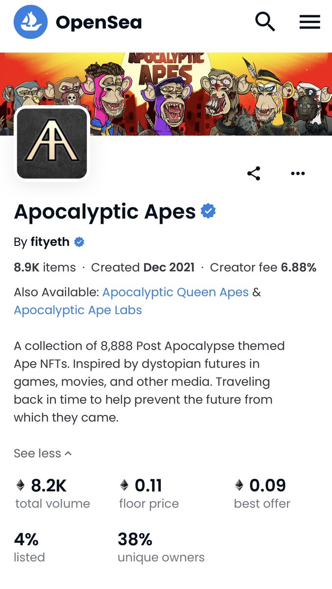 ThePhenomenalAV's tweet photo. This is dope to see. Only 4% @apocalypticapes listed on @opensea 💥🙌💥 Snipe some #AAPES while you still can! #LFG #Opensea #NFTs https://t.co/M0TLN1HvWr