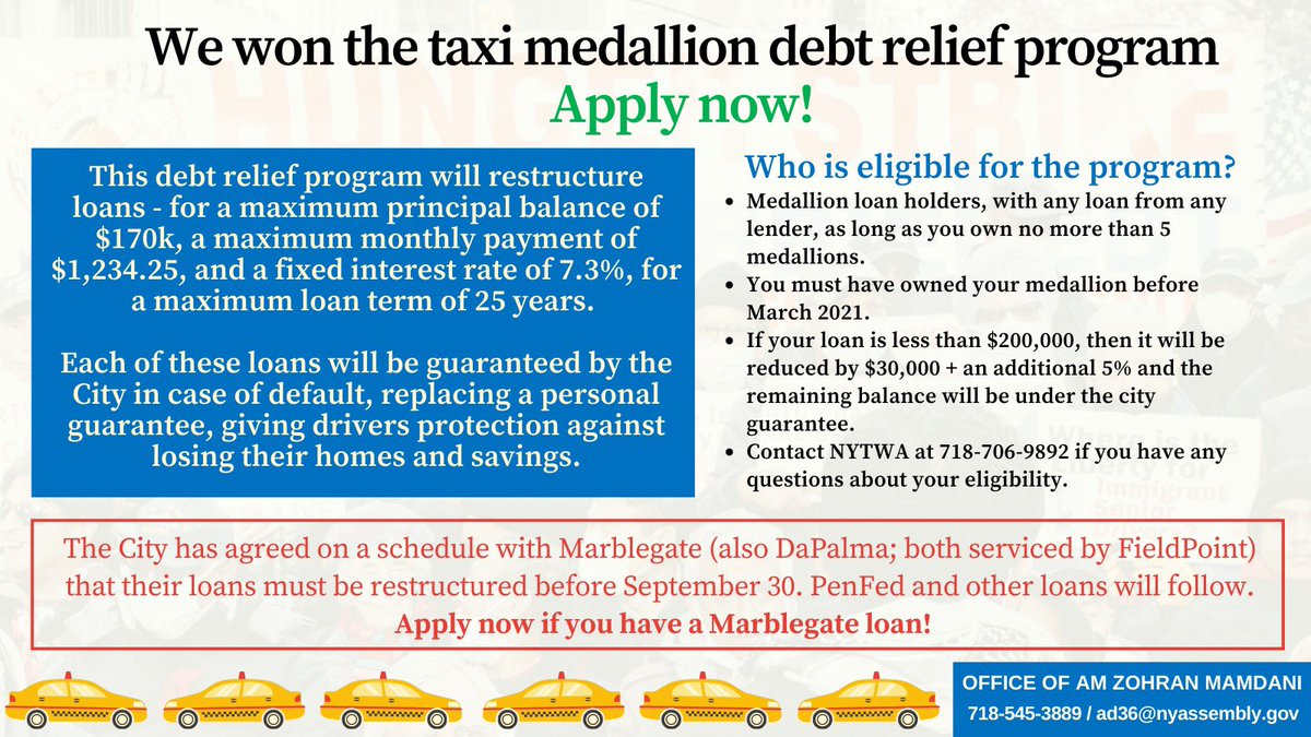 Twitter, I need your help. Today, NYC launched its historic taxi medallion debt relief program—could erase $100M+ of debt. BUT the City has set 9/30 as the app deadline for drivers w/ loans from Marblegate—largest lender. That’s in just 11 days. Can you RT to spread the word?