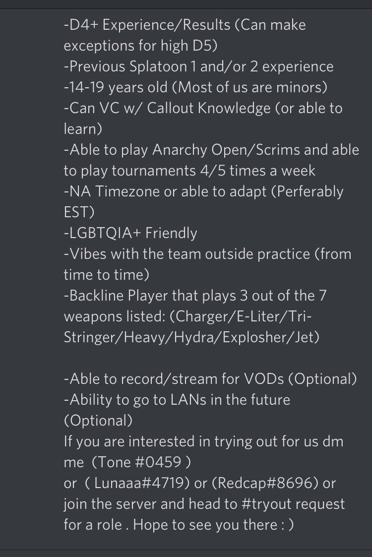HARP__TM's tweet photo. We are opening tryouts for a backline player rn . 
Rts appreciated @SplatoonFa If interested dm me on Twitter or discord the link is in the Twitter bio if you want access to the server. https://t.co/nCvYPi5jj9