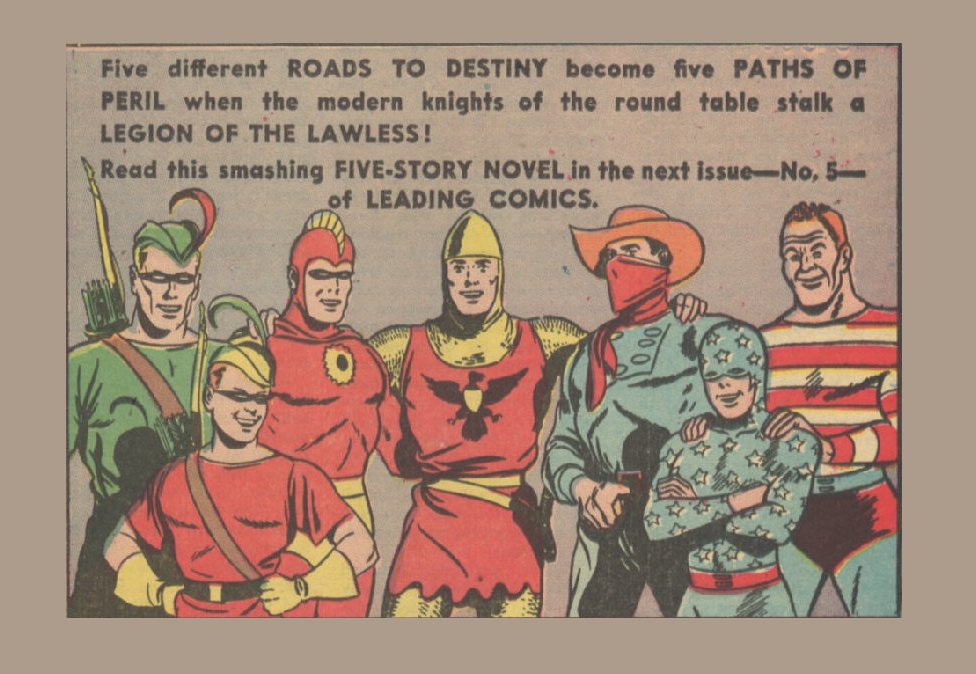 HeroesUnited_4's tweet photo. 80 years ago - #LeadingComics #4 (September 1942), the #SevenSoldiersOfVictory #SSoV -preview of next issue #5 as Seven Soldiers of Victory stalk the Legion of the Lawless! #CrimsonAvenger, #GreenArrow, #Speedy, #StarSpangledKid, #Stripsey, #TheShiningKnight, #TheVigilante /5of5 https://t.co/Y0SvPJPOyX