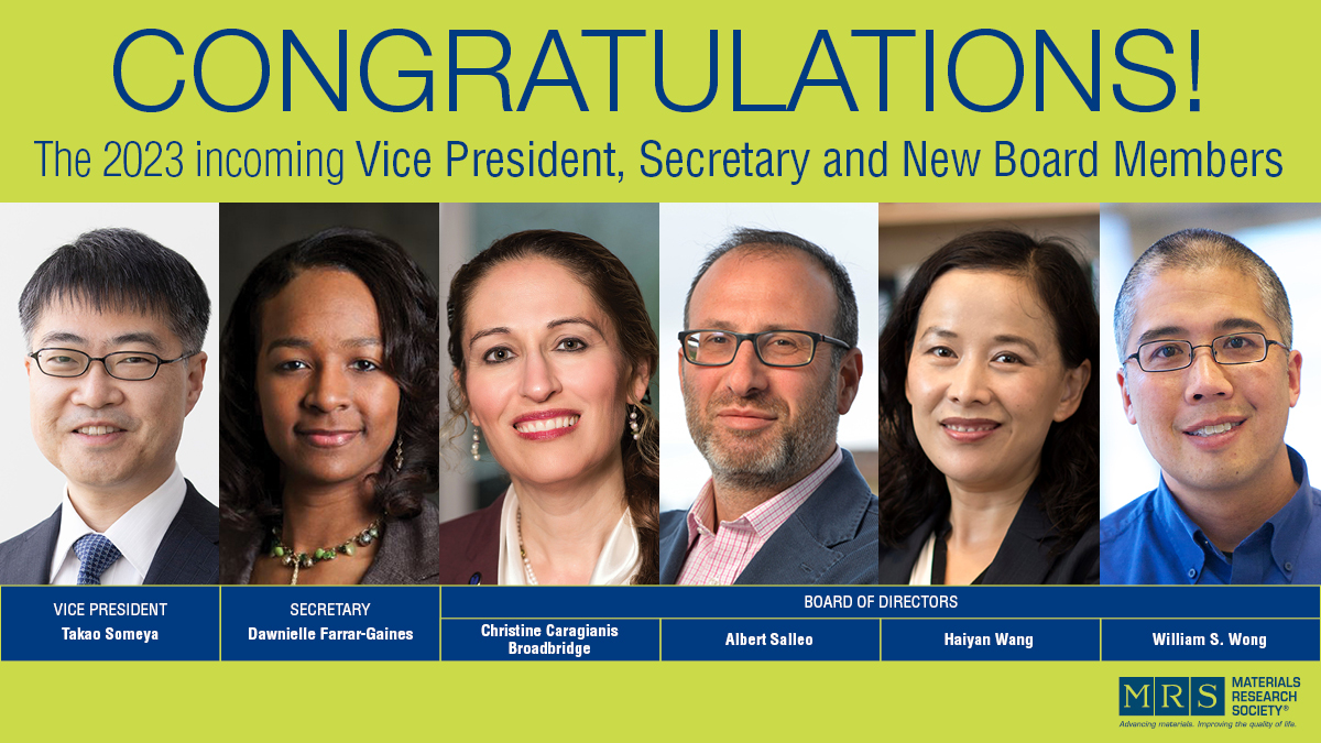 Materials_MRS's tweet photo. 𝓒𝓸𝓷𝓰𝓻𝓪𝓽𝓾𝓵𝓪𝓽𝓲𝓸𝓷𝓼 to our newly elected Vice President, Secretary and Board Members!
#MRSMembers
https://t.co/SE3KtqxPxD https://t.co/PY0ydg2Usj