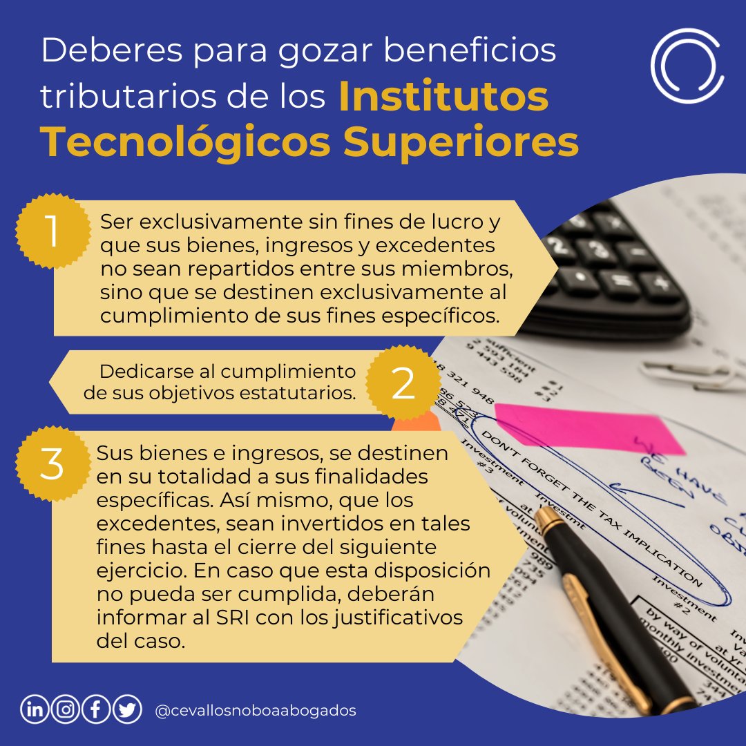 CEVALLOSNOBOA's tweet photo. [#DiligenciaTributaria]
Los Institutos Tecnológicos Superiores tienen derecho beneficios tributarios, pero para gozar de ellos deben cumplir con ciertos deberes como contribuyentes. Le explicamos los más importantes. 
#DerechoTributario #EntidadesSinFinesDeLucro #Educación https://t.co/4c9lYdFl00