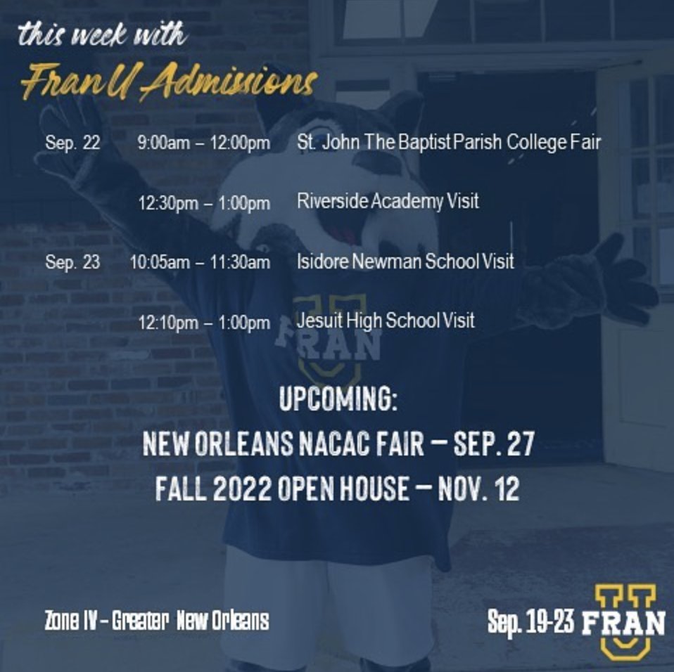 FranUbr's tweet photo. It’s a busy week with our admissions team on the road! If you’re in South Louisiana, you’ll probably see one of our counselors! Where will we see you? #franuadmissions #franubr #wolvesontheroad https://t.co/hwJ3yWzphV