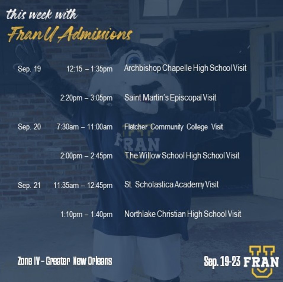 FranUbr's tweet photo. It’s a busy week with our admissions team on the road! If you’re in South Louisiana, you’ll probably see one of our counselors! Where will we see you? #franuadmissions #franubr #wolvesontheroad https://t.co/hwJ3yWzphV