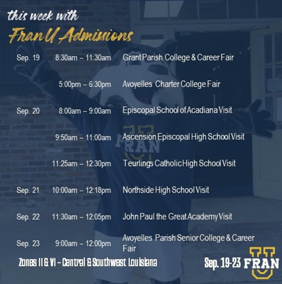 FranUbr's tweet photo. It’s a busy week with our admissions team on the road! If you’re in South Louisiana, you’ll probably see one of our counselors! Where will we see you? #franuadmissions #franubr #wolvesontheroad https://t.co/hwJ3yWzphV