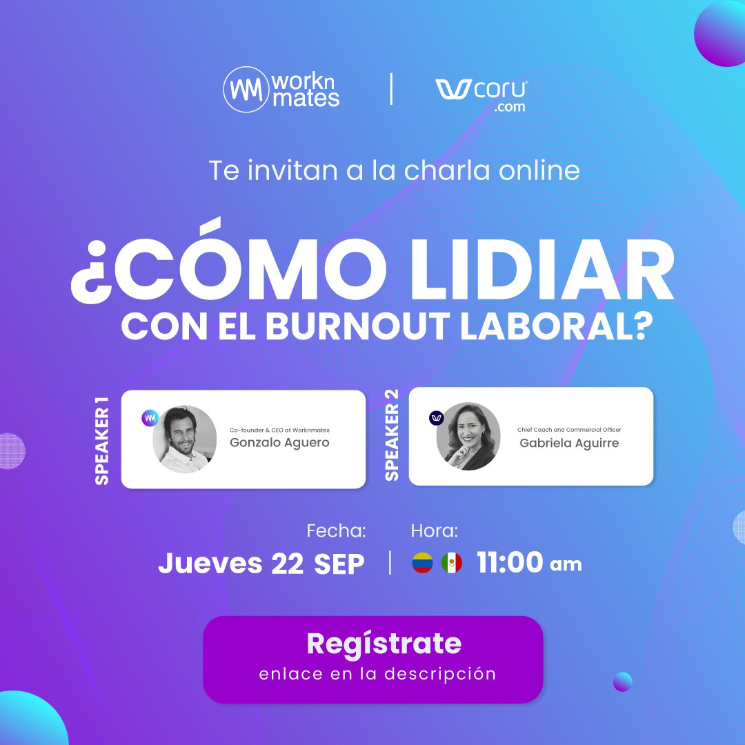Nuestras vidas se ven perjudicadas por el exceso de trabajo.
Tal vez tú o alguno de tus compañeros esté pasando por un episodio de Burnout y no lo sabes
<a href="/WorknMates/">WorkNMates</a> y <a href="/Coru_mx/">Coru</a> te invitan a conocer más sobre este tipo de estrés laboral.
Regístrate bit.ly/3Ls8lbW