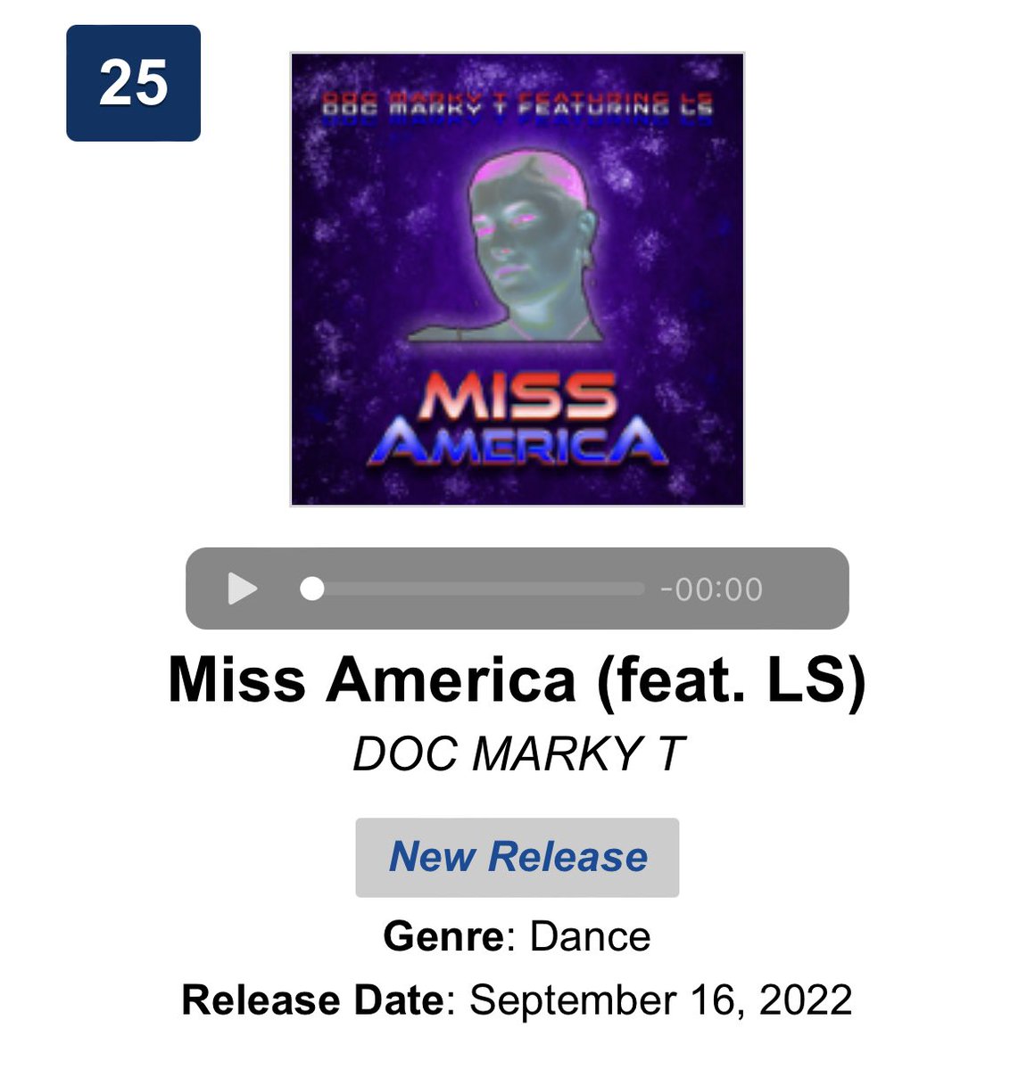 TGainesGlobal's tweet photo. Miss America (feat. @LSBChordz by @DocMarkyT1 is steady hanging strong at #25 on iTunes dance songs chart thanks to all the fans!🔥🔥🔥. https://t.co/x2McfsJgTQ #iTunes #Dance #Electronic #Charts https://t.co/kCpkXs4ms3