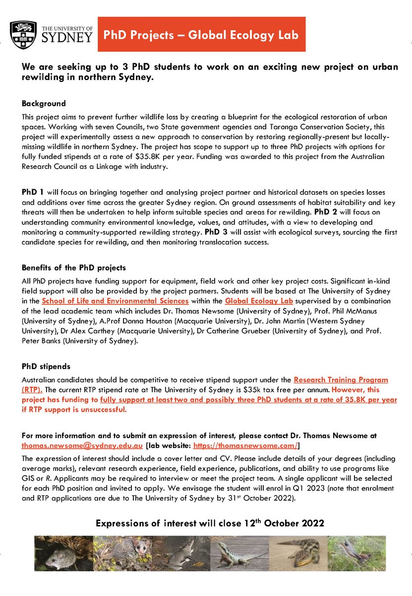 Seeking expressions of interest for 3 PhD projects on rewilding in urban Sydney. ARC Linkage project with funded stipend options $35.8K/year and great industry partners + collaborators. Full details: thomasnewsome.com/student-opport…