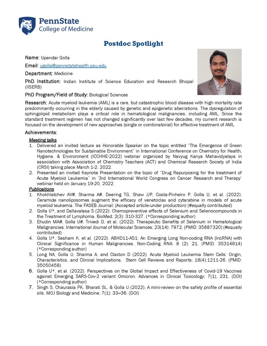 PSUCoMPostdoc's tweet photo. As part of National Postdoc Appreciation Week, we plan to feature some of our postdocs every day this week.
Today, we shed the spotlight on Dr. Upendar Golla and Dr. Amandeep Singh! https://t.co/GCMcBHg0jM