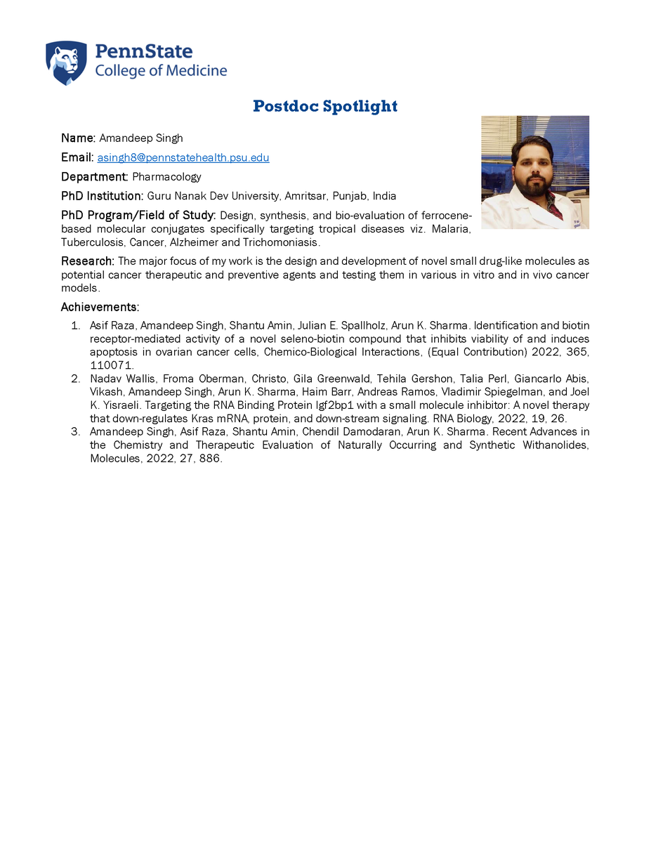 PSUCoMPostdoc's tweet photo. As part of National Postdoc Appreciation Week, we plan to feature some of our postdocs every day this week.
Today, we shed the spotlight on Dr. Upendar Golla and Dr. Amandeep Singh! https://t.co/GCMcBHg0jM