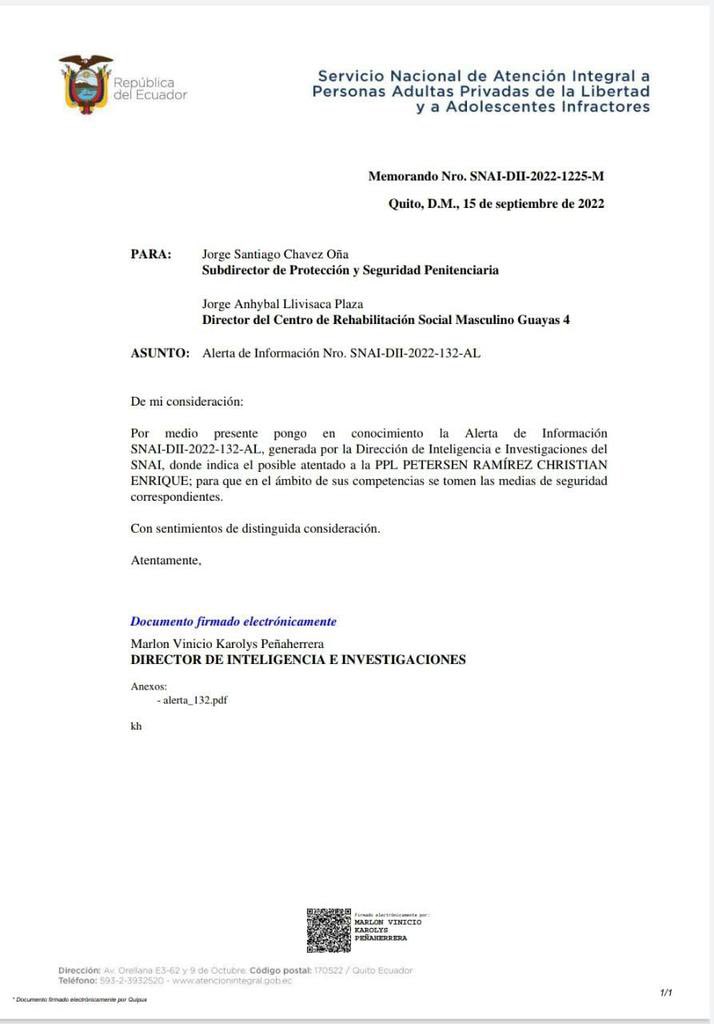 yelenayela's tweet photo. 🚨🔴La vida de @cpetersenec está en peligro! @SNAI_Ec envía alerta, Lo certifica el Departamento de Inteligencia. Christian NO quiere morir por haber actuado de manera correcta, sólo buscaba justicia para nuestros recursos públicos @CIDH @CJudicaturaEc @CorteConstEcu RT🙏🏻 https://t.co/HgZZhZpehB
