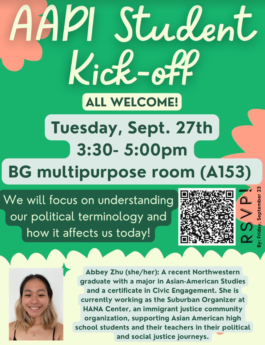 Joyce Kim (@ms_joyce_kim) on Twitter photo <a href="/District214/">District 214</a>'s First AAPI Student Event of the Year is happening Sept 27 - hosted by <a href="/shincoop/">Jeanne Shin-Cooper</a> <a href="/BG_Bison/">BG_Bison</a>'s Asian Student Association. RSVP with the QR code if you want to sign up! <a href="/District214/">District 214</a>'s First AAPI Student Event of the Year is happening Sept 27 - hosted by <a href="/shincoop/">Jeanne Shin-Cooper</a> <a href="/BG_Bison/">BG_Bison</a>'s Asian Student Association. RSVP with the QR code if you want to sign up!