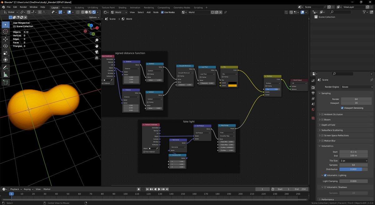 criscat's tweet photo. Study time: Learning about SDFs. As yout can see, there are "objects" (metaball-like) in the scene, but there's not a single face/edge/vertice in the viewport ๐ฎ
#b3d #blender3d #SDF #signeddistancefunction https://t.co/9D2LLs4BUV