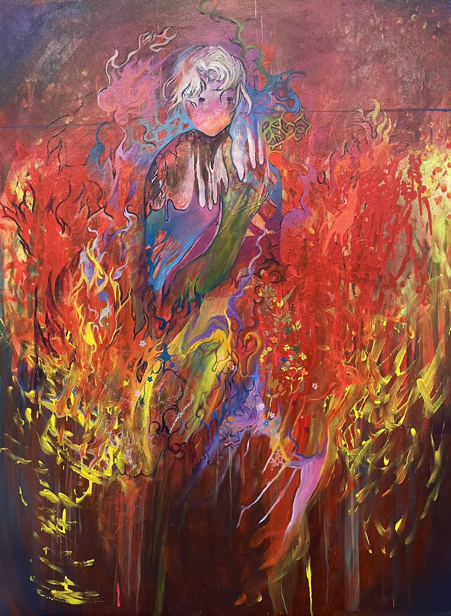 solo fire abstract closed eyes colorful white hair burning 1boy  illustration images