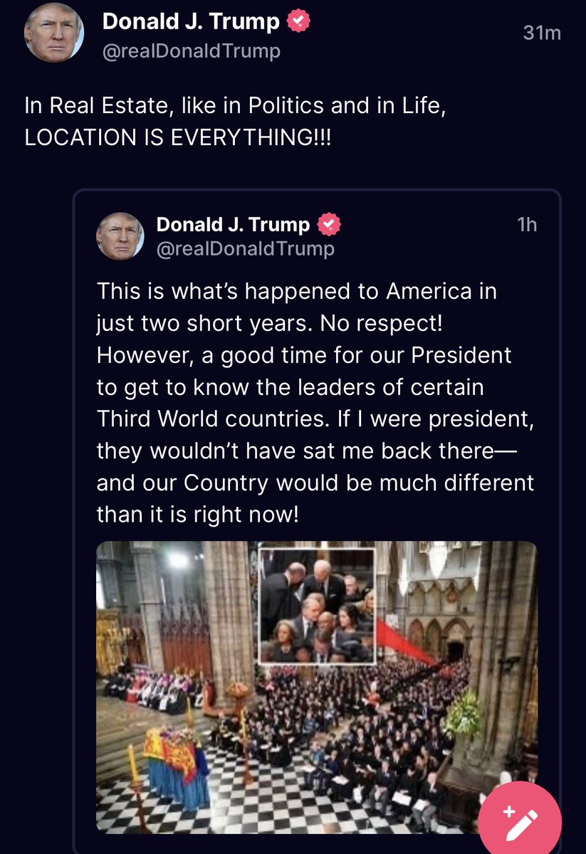 Daniel Baldwin (@baldwin_daniel_) on Twitter photo President Donald Trump taunts Joe Biden - mocking his seat all the way in the back at Queen Elizabeth’s funeral.
<a href="/OANN/">One America News</a> President Donald Trump taunts Joe Biden - mocking his seat all the way in the back at Queen Elizabeth’s funeral.
<a href="/OANN/">One America News</a>