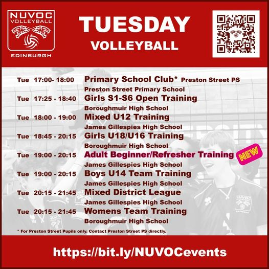 - Preston St Primary School Club
- Girls S1-S6 Open Training 
- Mixed U12 Training 
- Girls U18/U16 Training
- Adult Beginner/Refresher Training  
- Boys U14 Team Training  
- Mixed District League Training
- Womens Team Training 
more details 
bit.ly/NUVOCevents