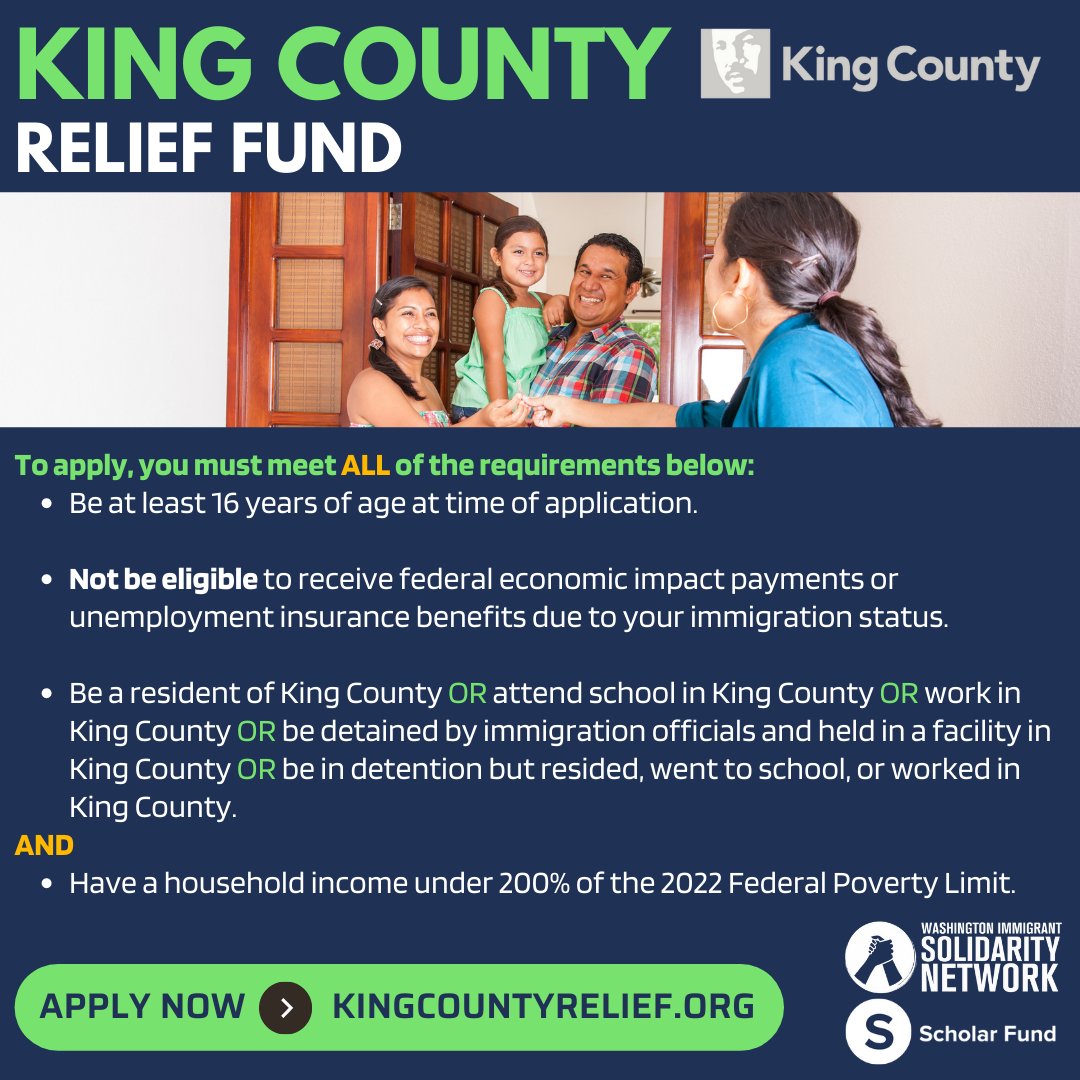 The King County Relief Fund is here to help King County immigrant residents who are ineligible
for federal stimulus money and unemployment benefits.
➡️Apply: kingcountyrelief.org
☎️ For support: 1-844-724-3737 Monday-Friday 9AM-6PM
#KingCountyReliefFund #WAISN #KingCounty