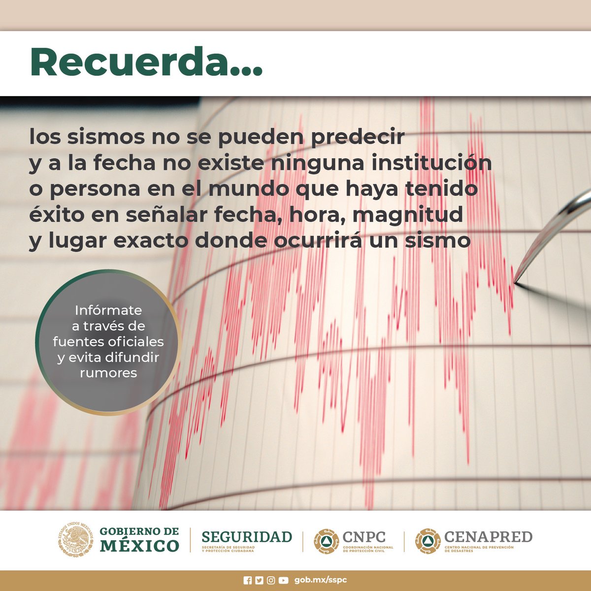 CNPC_MX's tweet photo. 🚫¡NO te dejes engañar!

Los #Sismos no se pueden predecir. 📢 Infórmate solo a través de cuentas oficiales: 

@CNPC_MX
@SismologicoMX https://t.co/JSPdl90FVf