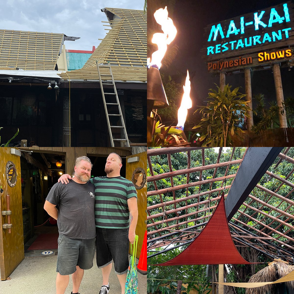 theatomicgrog's tweet photo. UPDATE: Latest news on @TheMaiKai renovations and reopening. Roofs readied for new thatch, vintage matting replaced, special guest artist drops by. Go to https://t.co/xvwLg9aKAX or https://t.co/r7p9E0ghem #maikai #maikairestaurant #savethemaikai #mcbiff https://t.co/eqpUolt0nq