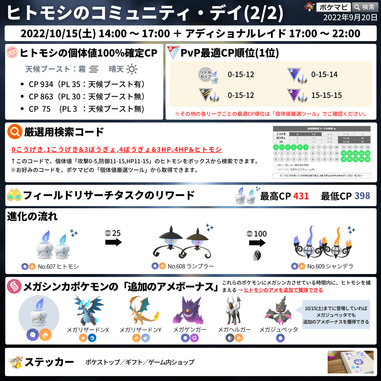 ポケモンgo攻略情報 ポケマピ 22年10月のコミュニティ デイは ヒトモシ が大量発生 10 15 土 14時 17時 アディショナルレイド 10 15 土 17時 22時 色違いのヒトモシはポケモンgo初登場です 捕獲時xp3倍 特別な技 ポルターガイスト