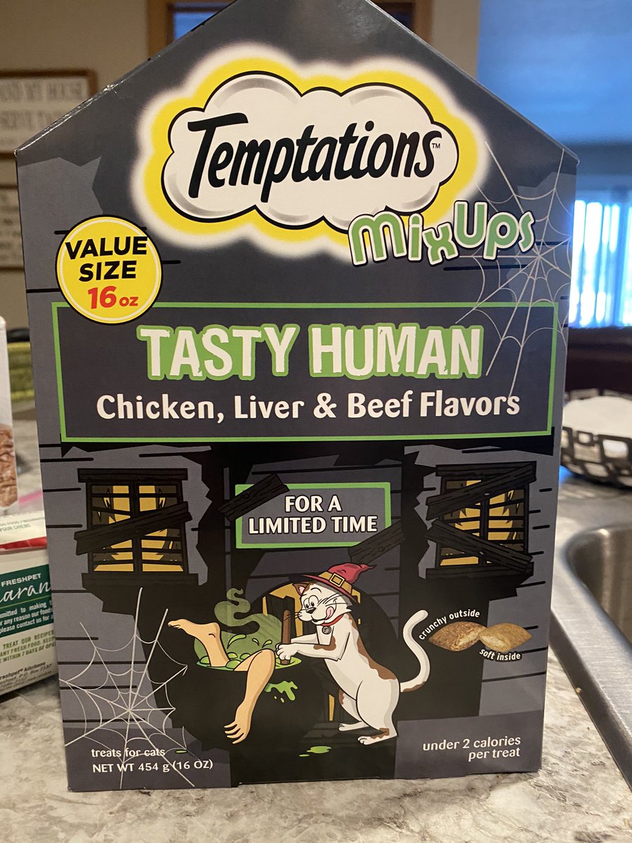 This might be the best thing I’ve ever bought. Also, did anyone else notice that one of the “human” flavors is chicken?! <a href="/TemptationsCats/">Temptations Cat Treats</a>  😂☠️🎃 #cats #CatsOfTwitter