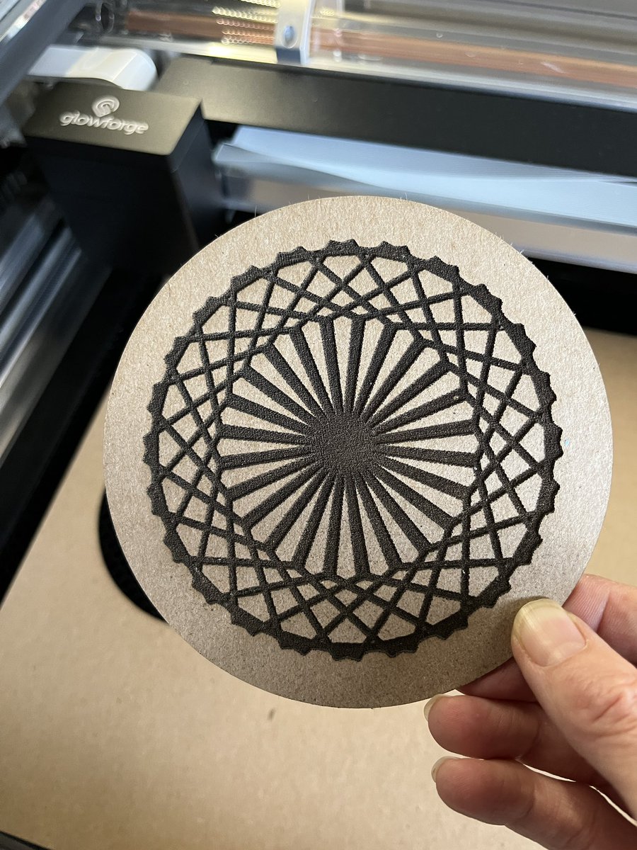 MsHaughs's tweet photo. Running a test on @glowforge in preparation for next 5th grade #CSed unit. Ss will code geometry art in @scratch then download designs for etching on laser cutter. Liking the looks of this already! #MakerEd #csk8 #elemcode https://t.co/RHqGbNutby