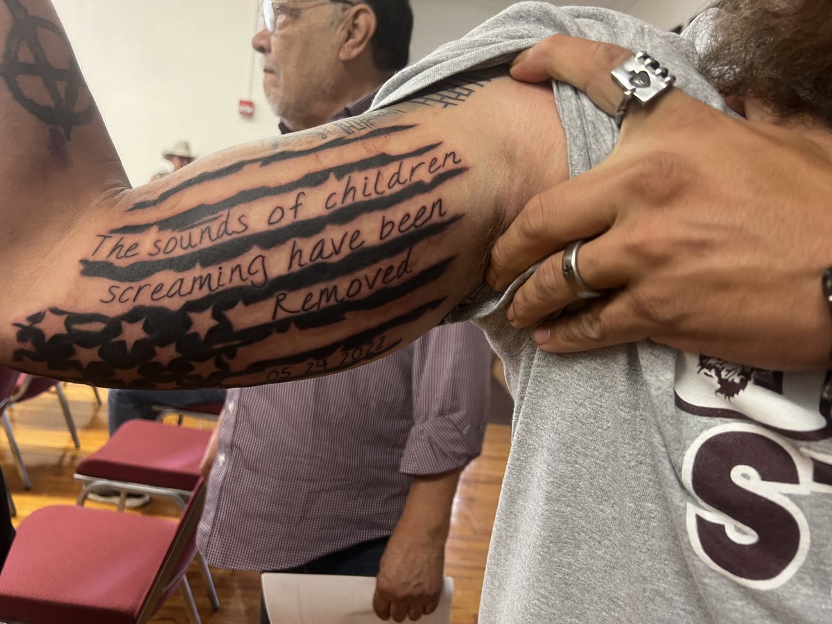 LeighWaldman's tweet photo. .@BCross052422 is here tonight. He got this tattoo today, you’ll remember in the @statesman’s released video of the Robb shooting, this was the message on screen for part of the video https://t.co/veykUhDHt3