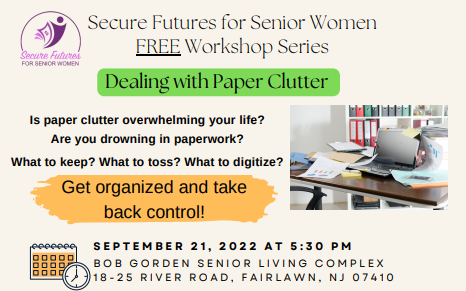 BrightSideManor's tweet photo. REMINDER: Join us on SEPTEMBER 21 in Fair Lawn for our newest free workshop: Dealing with Paper Clutter! The workshop is FREE for all older adult women in Bergen County! https://t.co/sfwfjInoDL